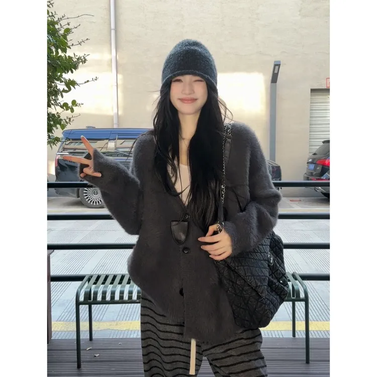 HUOHUO韩系慵懒高级感灰色开衫外套毛茸茸针织衫上衣HY074