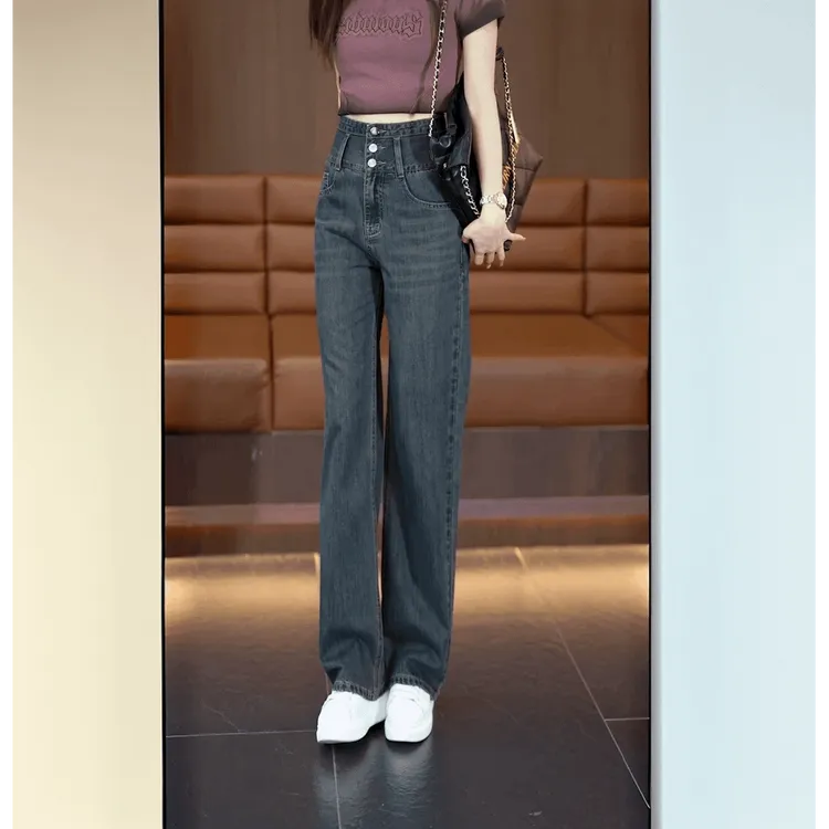 2025三季新款时尚直筒阔腿裤宽松复古女士高腰显瘦夏季休闲牛仔裤