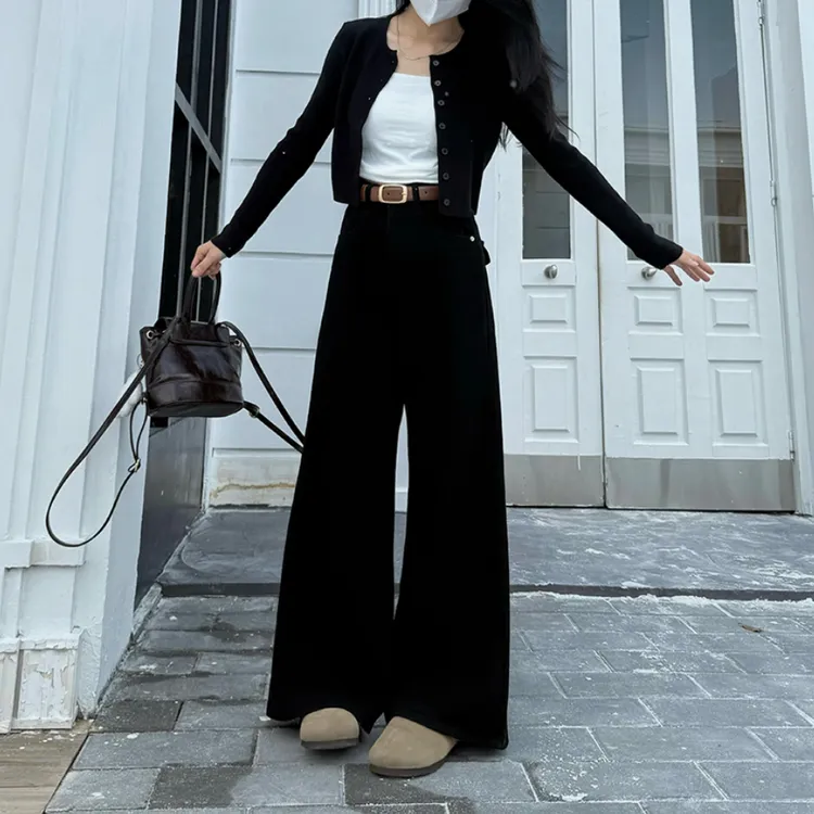黑色高腰阔腿牛仔裤女2025秋季新款宽松显瘦小个子不贴腿微喇叭裤
