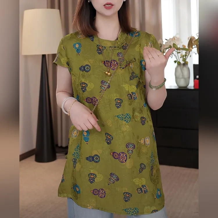 新中式女装绿色葫芦纹衬衫女2025夏季新款中长款遮臀透气盘扣上衣