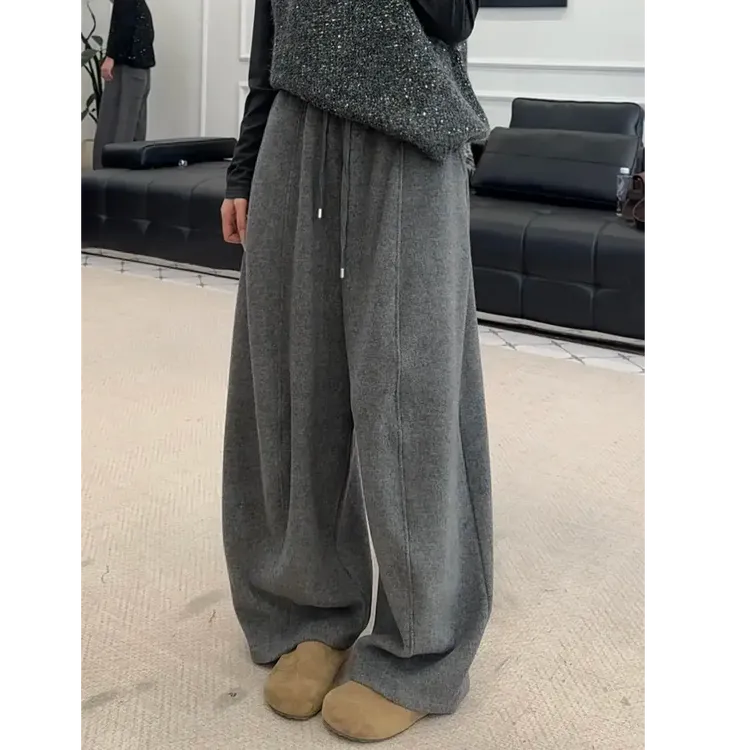 松紧腰抽绳弯刀呢子长裤拖地裤女2025冬季新款加绒毛呢韩版阔腿裤