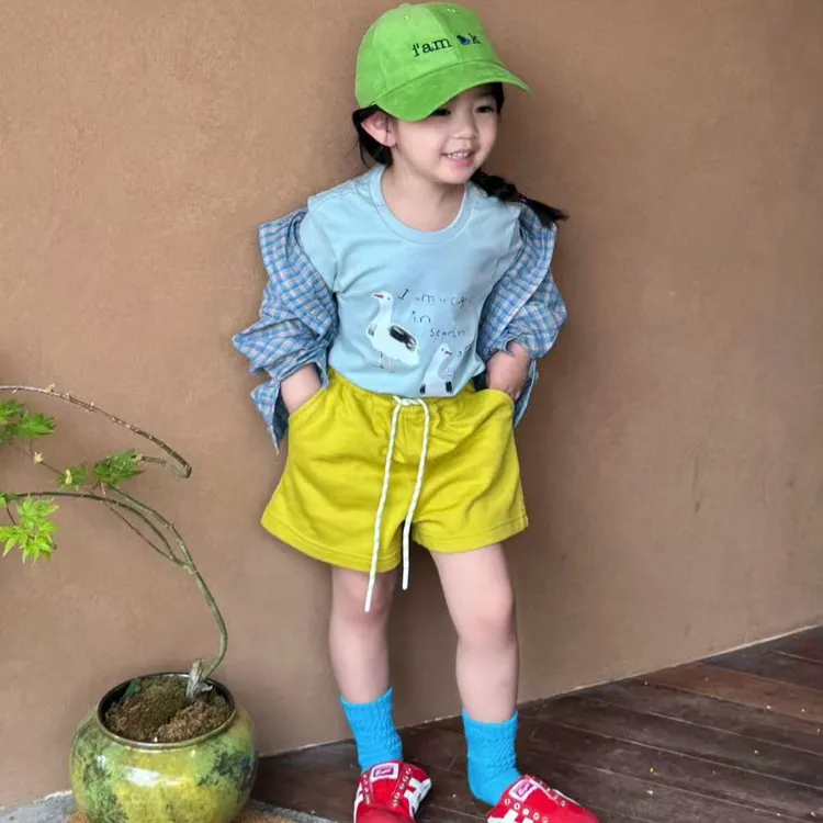 《小思家》女童2025夏季新款韩版百搭卡通短袖T恤黄色休闲短裤套装
