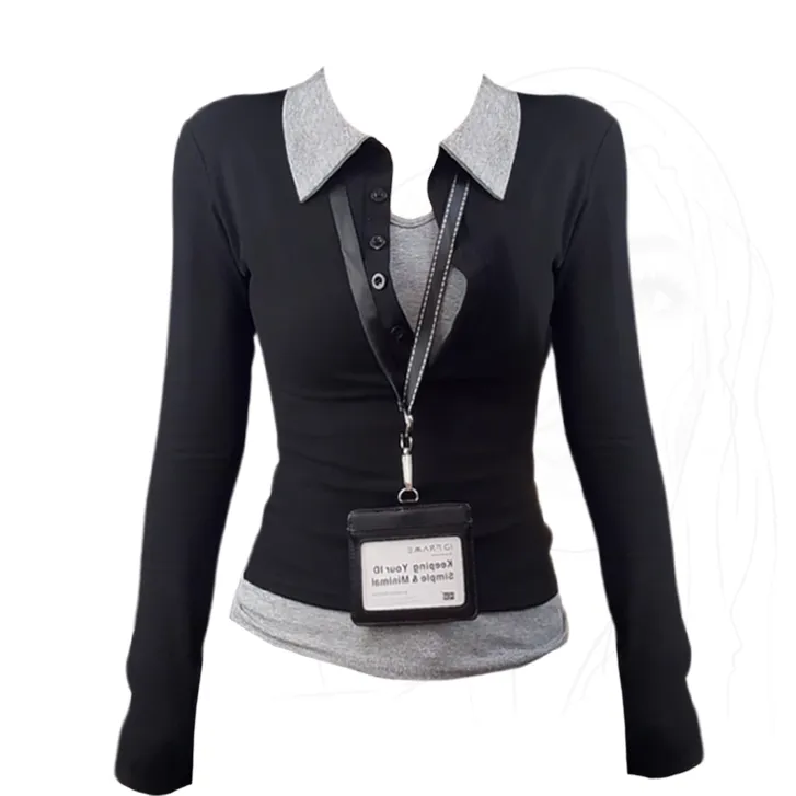 自带氛围感！美式复古辣妹假两件2026撞色翻领长袖修身显瘦上衣