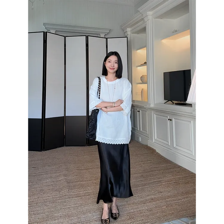 郭九九呢 全亚麻拼接花边宽松t恤上衣缎面鱼尾半身裙 G925Y09386