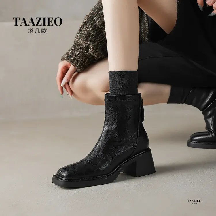 TAAZIEO真皮复古高跟短靴女方头小众切尔西靴新款秋冬粗跟瘦瘦靴