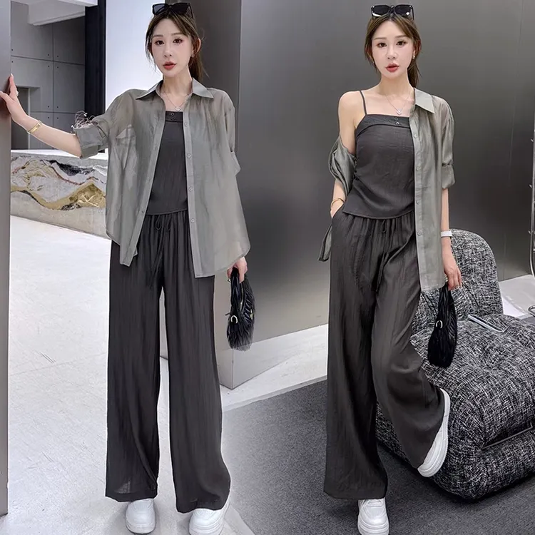 欧洲站休闲阔腿裤套装女一整套春夏季新款宽松休闲防晒衬衣三件套