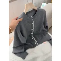 3072【圆领蕾丝边宽松开衫】秋季新款韩版气质毛衣女士上衣