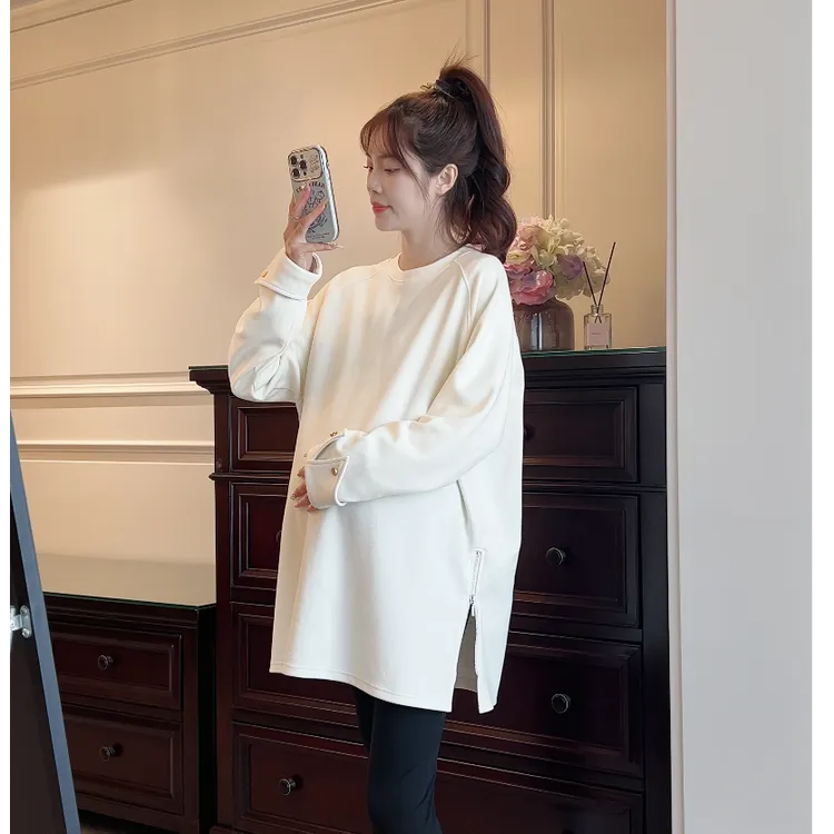 自制重工袖t恤~早秋纯色圆领长袖下摆开叉卫衣女秋装中长款打底衫