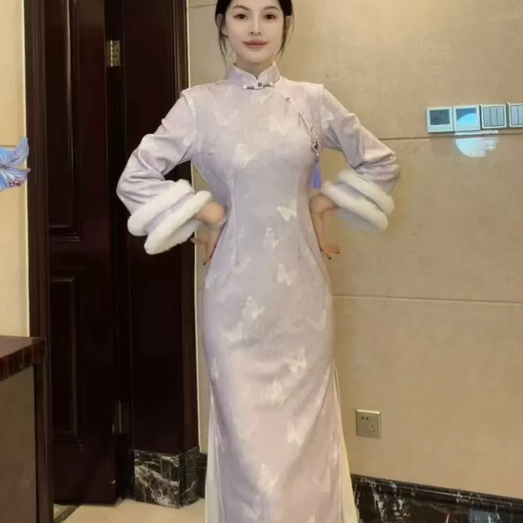 球球夫人｜未央）120cm冬季新款加绒紫色单层气质复古显瘦旗袍秋冬