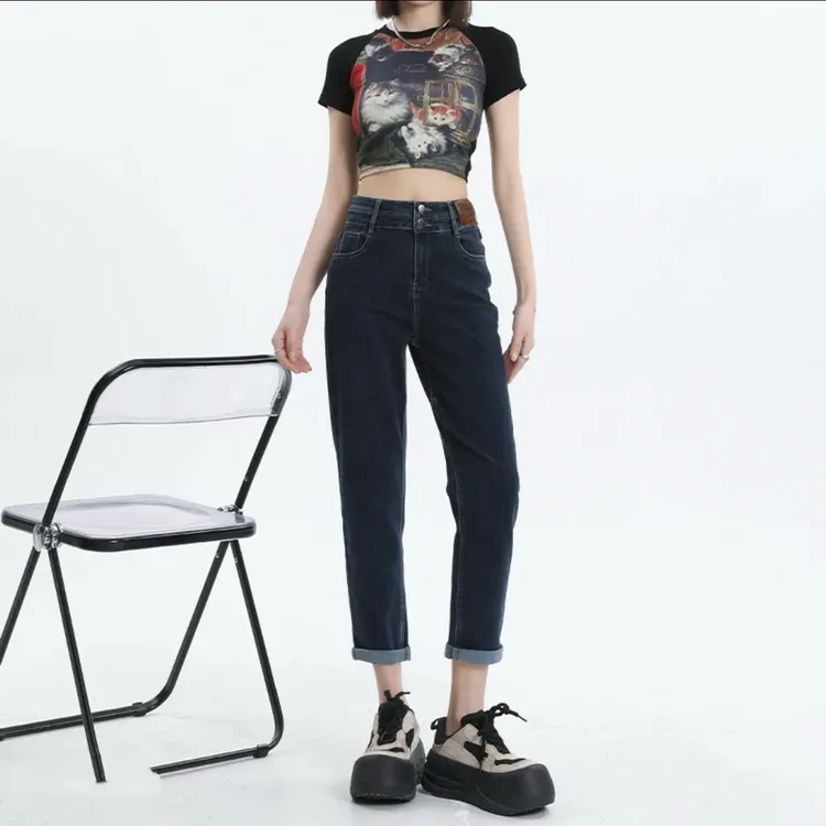 双扣皮牌哈伦老爹牛仔裤女2025新款高腰显瘦弹力小个子哈伦裤