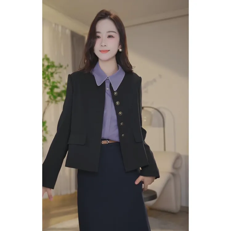 【杨杨专属】黑色百搭修身秋冬外套通勤短款设计感小香风8551144