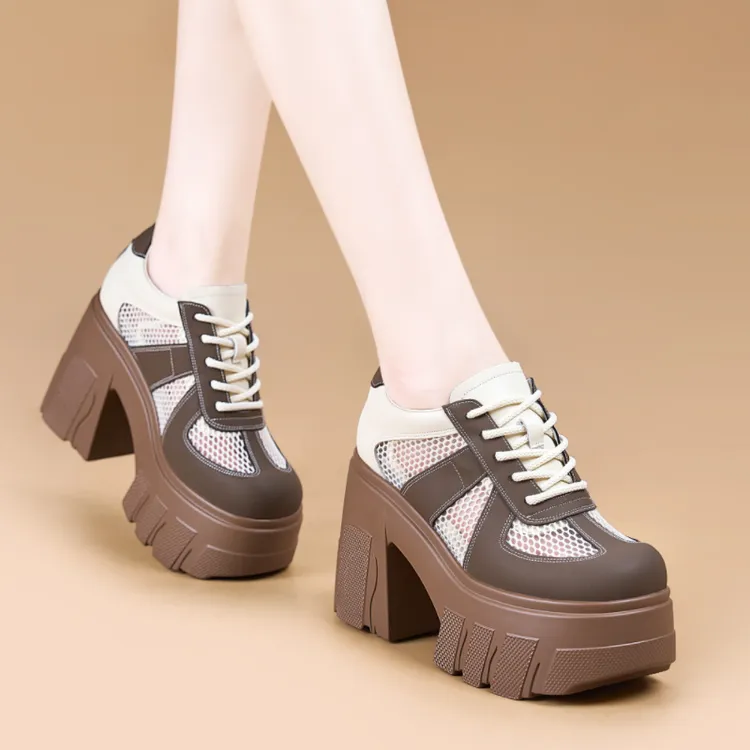 2025夏季新款超高跟11cm透气网面凉鞋粗跟休闲单网薄款拼色老爹鞋