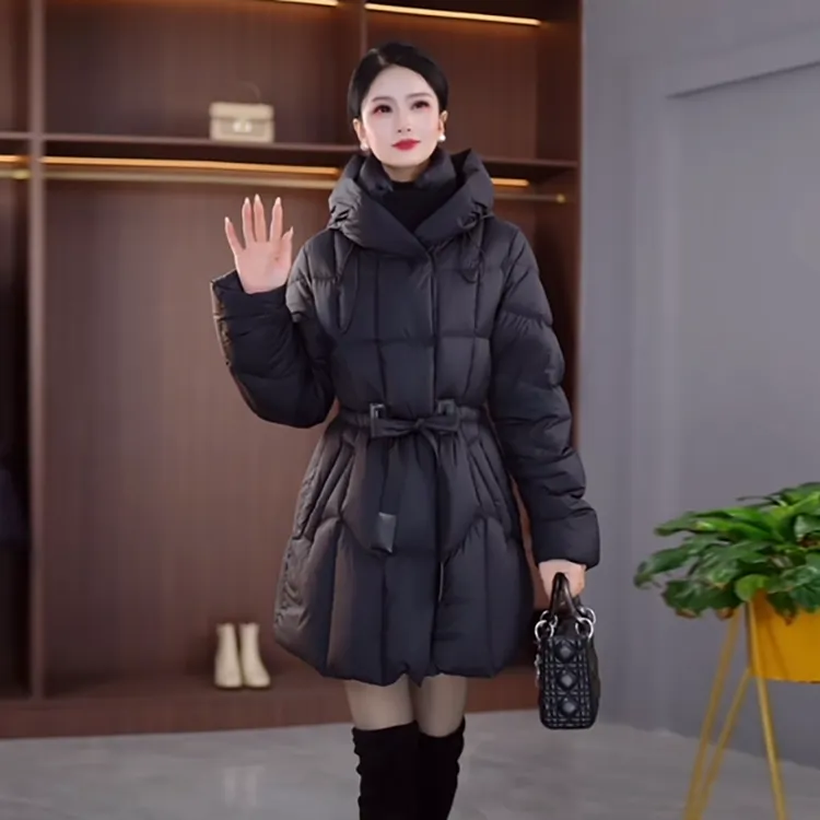 免洗白鸭绒羽绒服女2025冬季新款时尚黑色连帽中长款加厚保暖外套