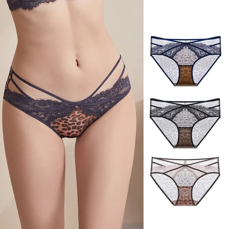 黑色薄款舒适镂空豹纹睫毛蕾丝法式新款透气内裤性感轻薄中腰女士