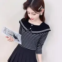 5851衣长52早秋时尚方领条纹简约洋气长袖T恤修身显瘦气质上衣