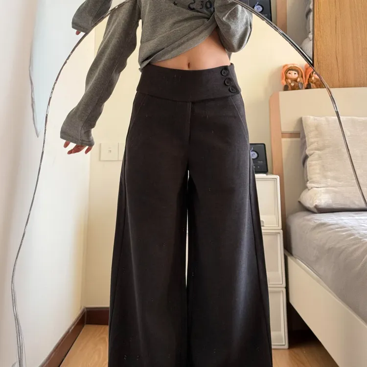 深灰色毛呢阔腿裤女冬2026新款宽松小个子纽扣直筒加厚高腰西装裤
