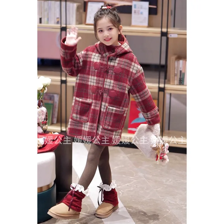 媛媛公主【热颂红巧】2025冬季红色格子呢大衣新年拜年服15408T243