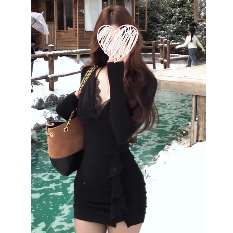 【榭台晚照】黑色纯欲蕾丝性感设计感小众连衣裙套装