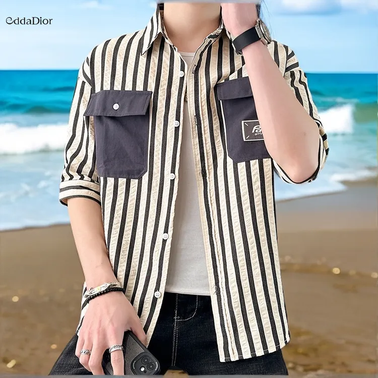 夏季条纹短袖衬衫休闲冰丝薄款衬衣痞帅上衣男士时尚潮流韩版宽松