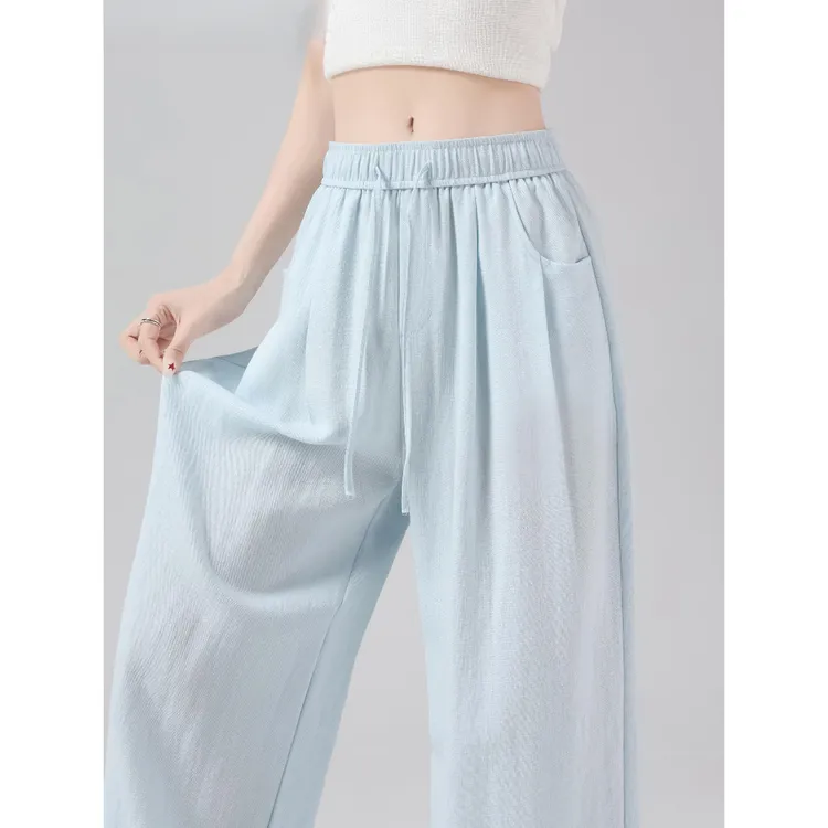天蓝色冰丝亚麻阔腿裤女夏薄款休闲山本裤抗皱天丝亚麻裤