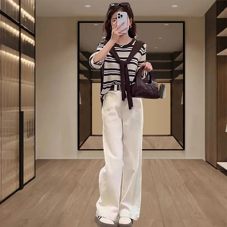 2025春秋季新款女士时尚气质条纹披肩针织衫宽松显瘦休闲裤两件套