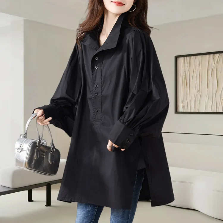 时尚黑色立领长袖衬衫女士2025秋季新款大码宽松显瘦休闲百搭上衣
