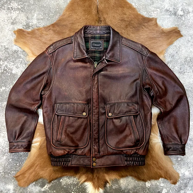 复古港风棕色做旧头层牛皮真皮皮衣男士宽松溜肩飞行服皮夹克外套