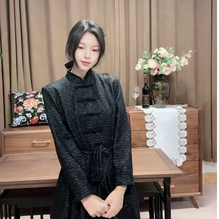 长裙系带立领常规冬季连衣裙黑色网红新中式气质小香风中国风唐装