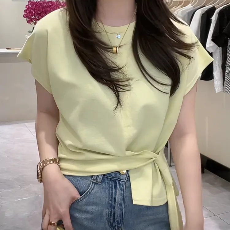 夏季韩系绑带收腰气质纯色T恤2025年夏季新款显白显瘦设计感上衣