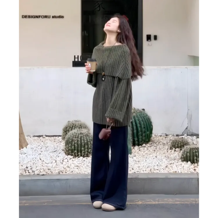 设计感大翻领一字肩针织衫女春季复古别致宽松上衣配高腰阔腿裤子