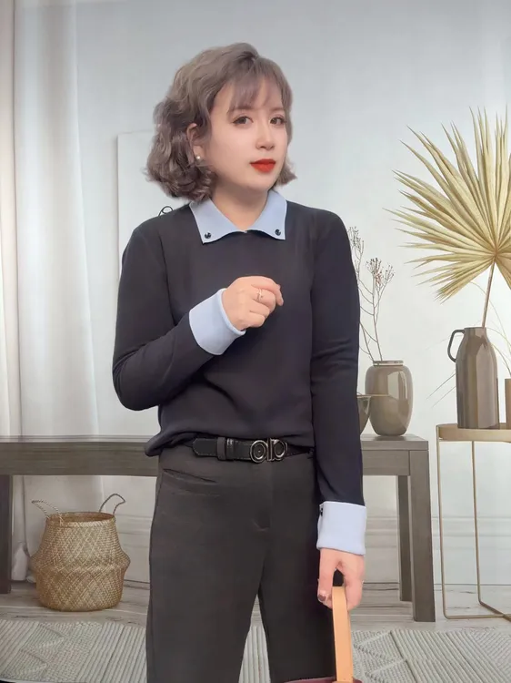 撞色翻领德绒打底衫女秋冬新款韩版时尚简约洋气百搭保暖上衣928