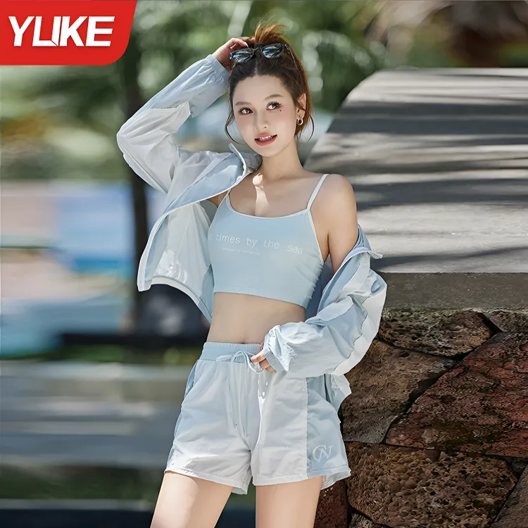 沙滩泳衣女防晒保守2025新款长袖罩衫泡温泉三件套休闲游泳衣新款