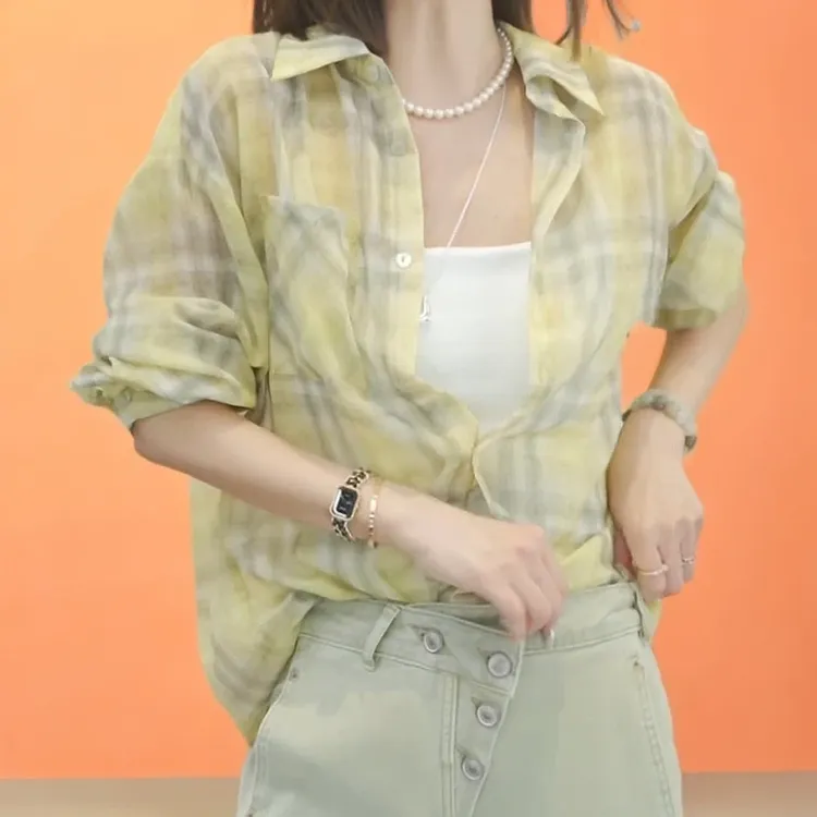 2025春季新款时尚气质休闲长袖衬衣上衣格纹百搭春夏衬衫上衣高级