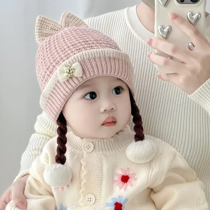婴儿帽子秋冬季女孩甜美洋气针织辫子帽女宝宝冬天保暖护耳毛线帽