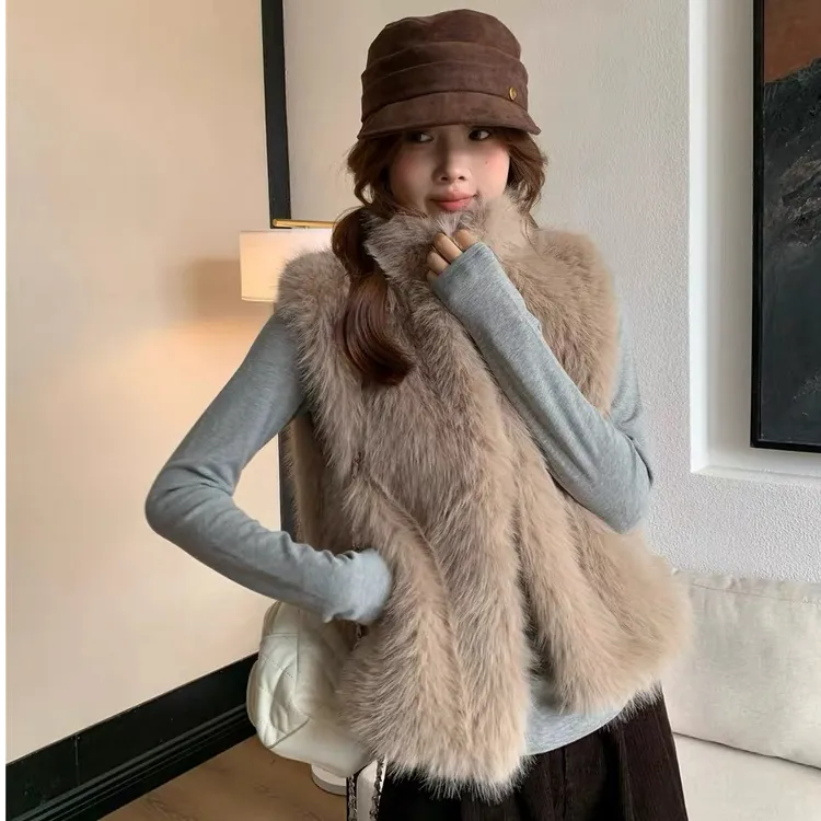 人造皮草 仿皮草马甲 秋冬立领毛毛马甲女百搭毛绒背心无袖外套
