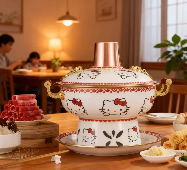 哈喽kitty珐琅彩环保油铜火锅老式单人涮羊肉家用小火锅新款