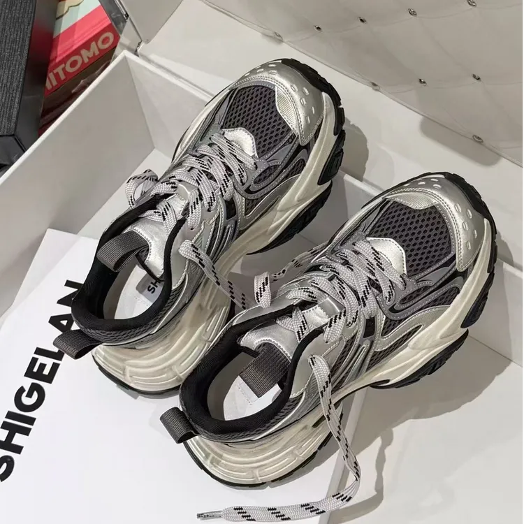 诗歌兰真皮女鞋2026春季新款时尚厚底拼色系带休闲老爹鞋女