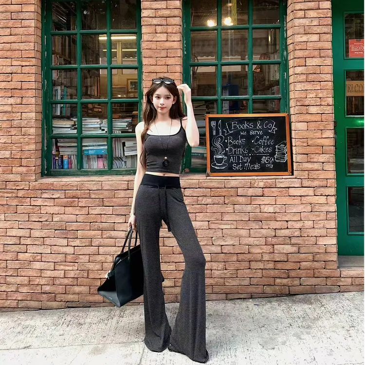 时尚辣妹修身显瘦条纹吊带套装2025春季新款高腰直筒长裤子两件套