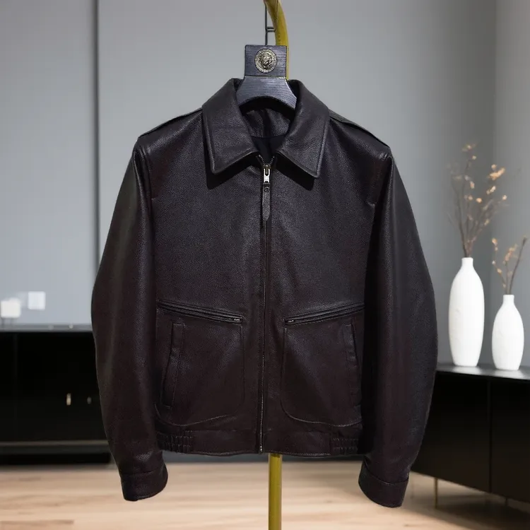 秋冬新品墨紫色休闲男士头层牛皮真皮皮衣男款修身翻领皮夹克外套