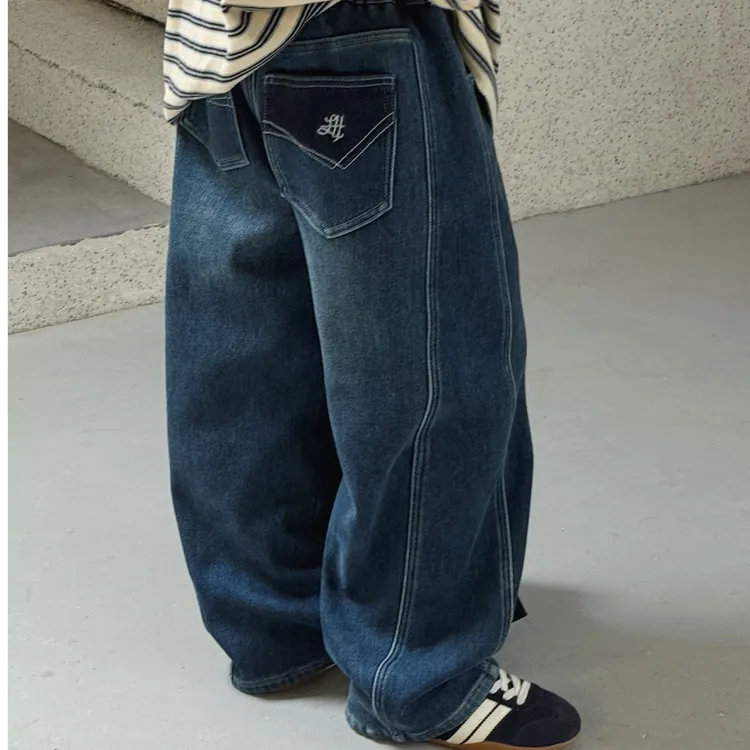 亲子秋冬款儿童加绒加厚牛仔裤中大童宽松休闲弯刀裤长裤1509