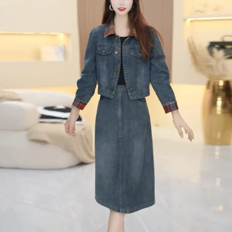 香妃雅女装新款牛仔外套拼色牛仔裙两件套秋季洋气显瘦牛仔套装女