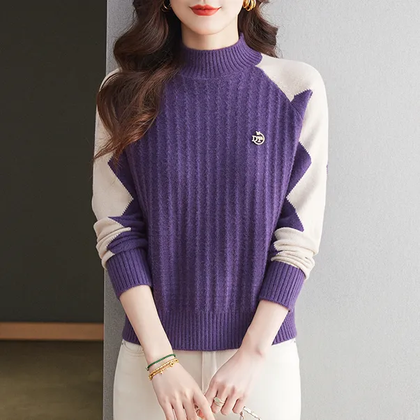 鄂尔斯市纯100羊绒衫女秋冬中年时尚女士宽松妈妈厚款半高领毛衣