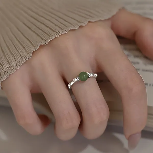 925银和田玉竹节戒指女2025爆款轻奢时尚小众银戒指环配饰精致