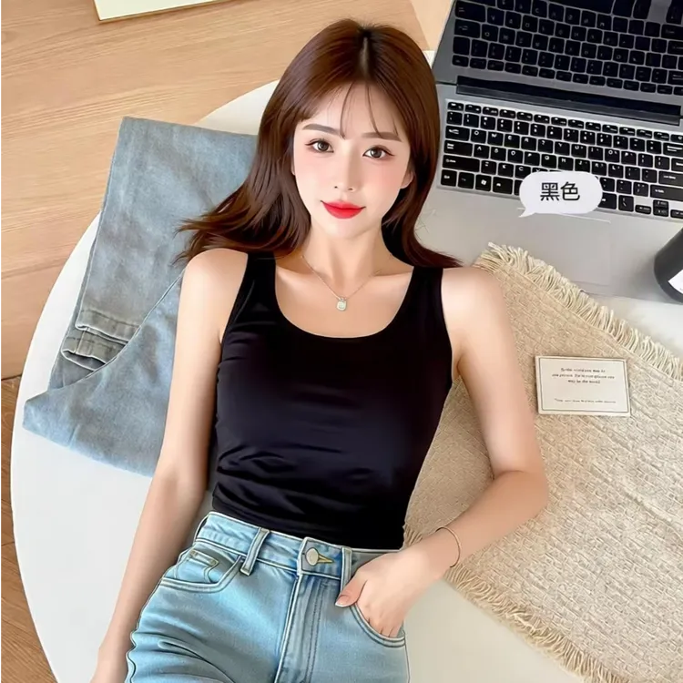 美式U领固定杯工字美背吊带黑色绑带露脐背心简约内穿韩版打底