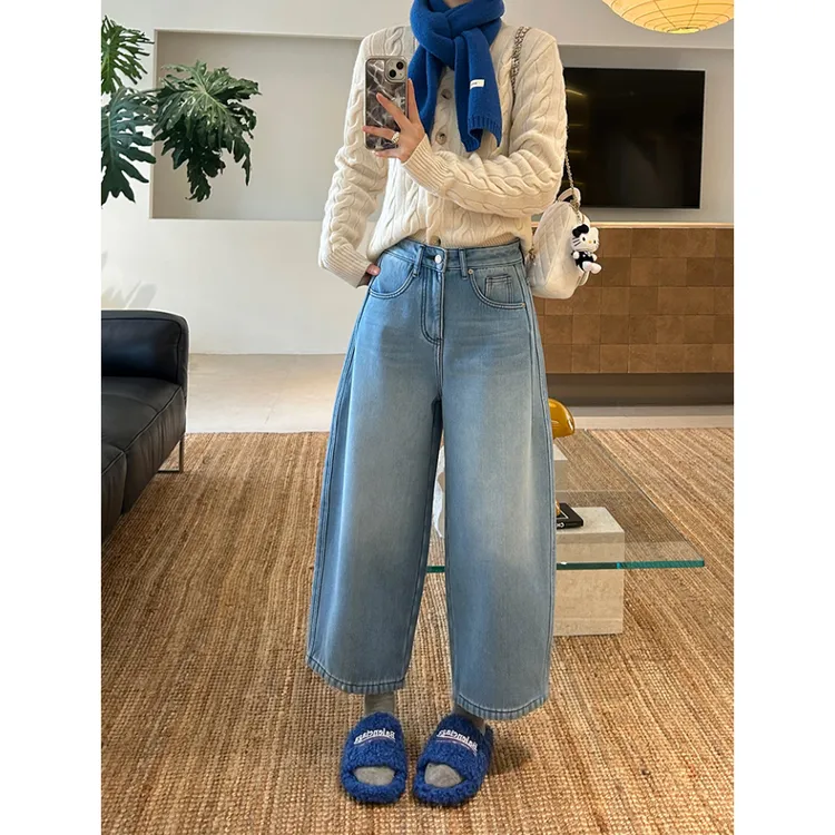 蓝色加绒九分弯刀裤冬季新款梨形身材小个子显瘦遮胯阔腿牛仔裤子