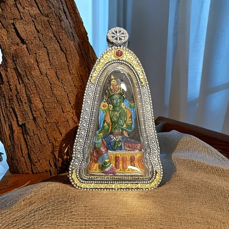 绿度母立体纯银擦擦纯手工手绘唐卡随身擦擦嘎乌盒吊坠挂件唐卡