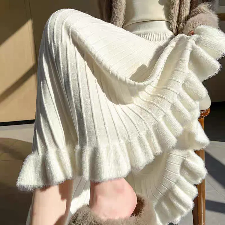 秋冬针织过膝半身裙女水貂毛旗袍冬季衬裙垂感高腰保暖百褶裙厚款