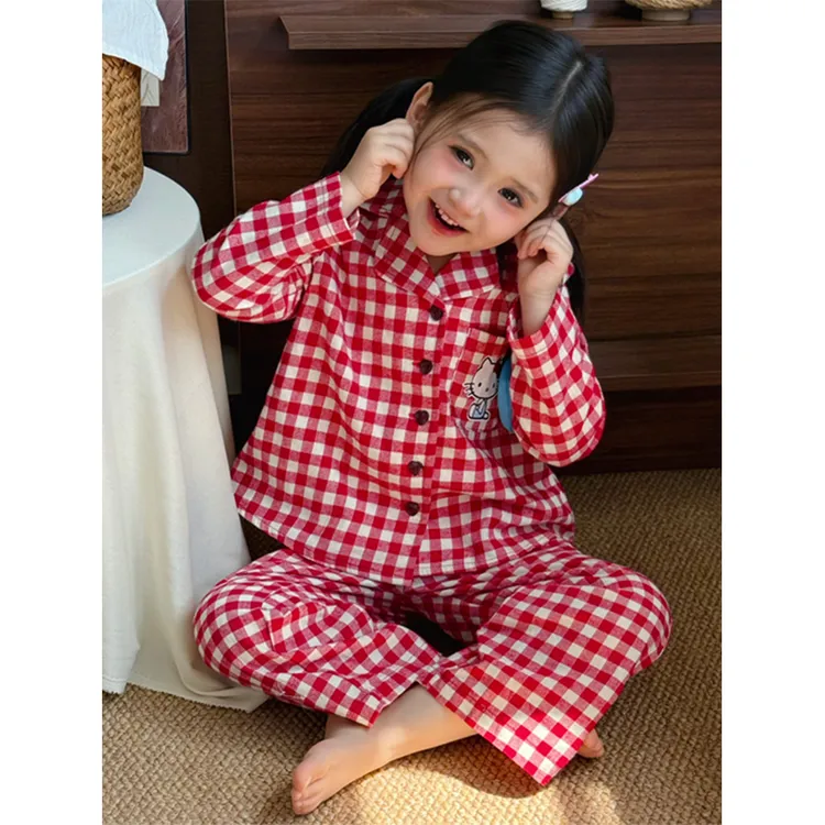 童装女童韩版格子家居服春秋季新款儿童宝宝卡通可爱KT猫睡衣套装