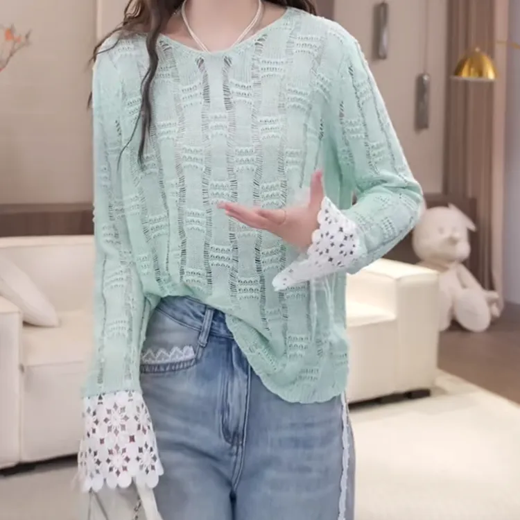 设计感袖口蕾丝长袖针织衫女2025春款百搭休闲显瘦高级感套头上衣