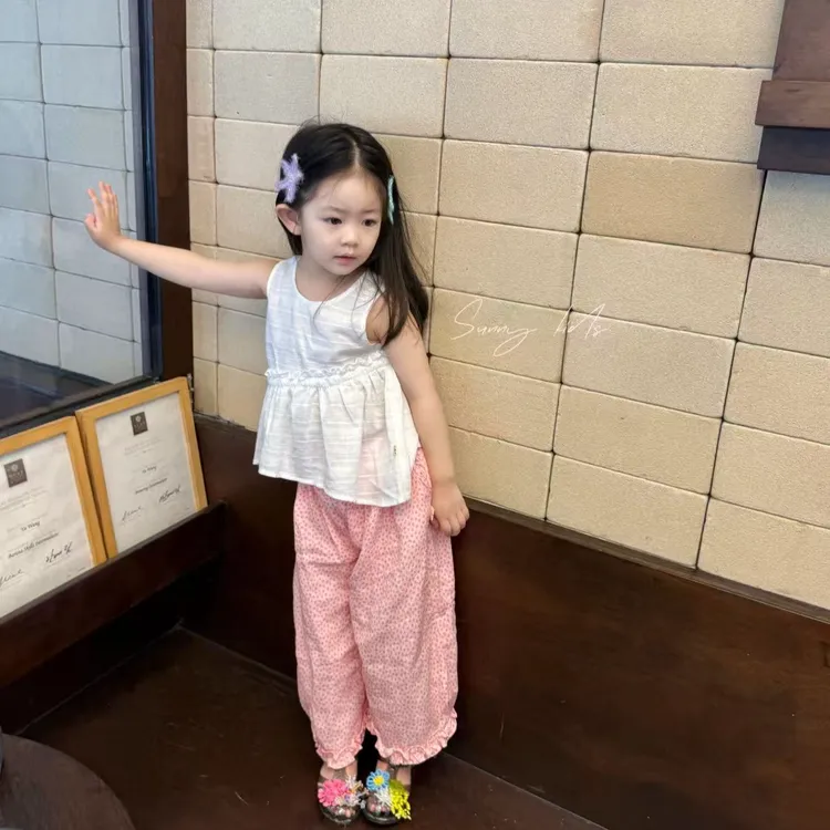 壹妈韩版童装女童夏季套装新款洋气女宝休闲百搭白色背心粉色长裤
